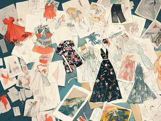 imagine prompt A table filled with eclectic fashion sketches, depicting the vibrant and diverse ideas of a fashion designer, with notes and inspirations scattered around,