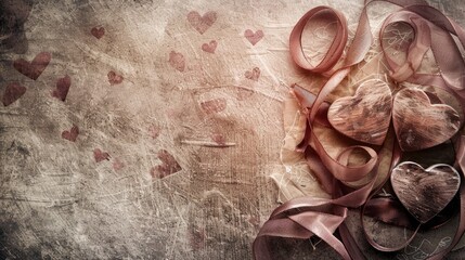 Vintage toned background with ribbons and hearts for Valentine s Day