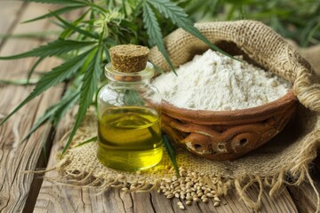 Wall Mural - Hemp oil in a glass jar with flour in a clay bowl grains in a bag cannabis leaves and stalks on wooden boards