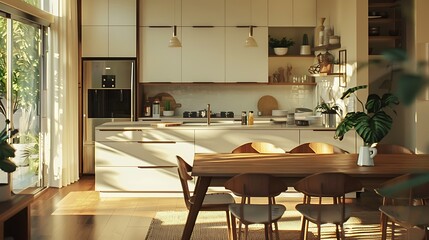 Wall Mural - A chic mid-century modern kitchen showcasing white kitchen cabinets paired with a wooden dining table.