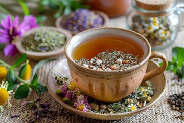 Canvas Print - Herbal tea with honey and dried herbs