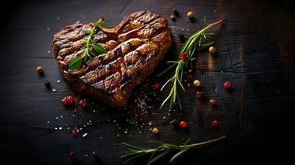 Wall Mural - Grilled beef steak in shape of heart for Valentines day on a black background top view with copy space