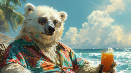 A polar bear wearing sunglasses and a tropical shirt enjoys a cocktail while relaxing on a beach with the ocean in the background