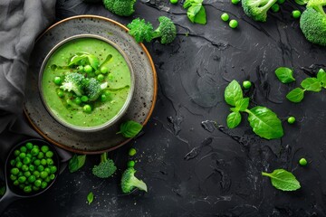 Wall Mural - Homemade green pea and broccoli soup with mint served on rustic background Top view
