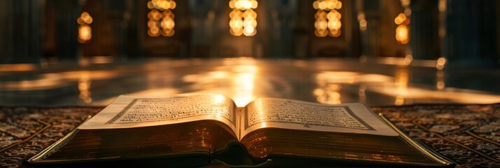 Wall Mural - A photograph of an open Quran book, illuminated by soft glowing lights in a mosque. The book rests on a prayer rug and is positioned in the center of the image