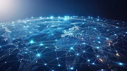 Poster - global world network and telecomunication on network of iot, blockchain with data exchanges over the
