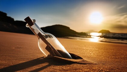Poster - summer concept sandy beach background with message in a bottle