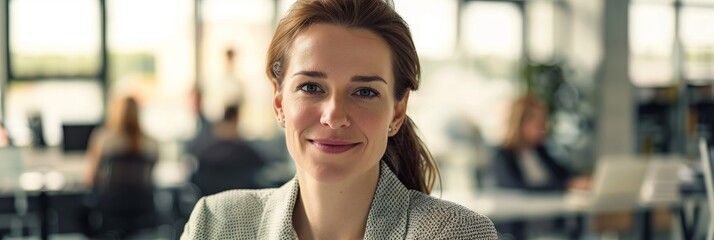 Wall Mural - A businesswoman sits at her desk in a modern office, smiling at the camera