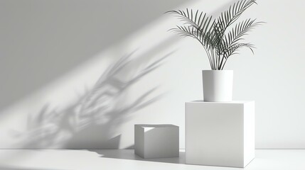 Wall Mural - A tall potted palm plant sits on a white pedestal in front of a white wall. The plant's shadow is cast on the wall behind it.