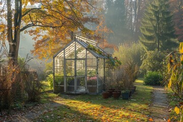 Late autumn garden greenhouse