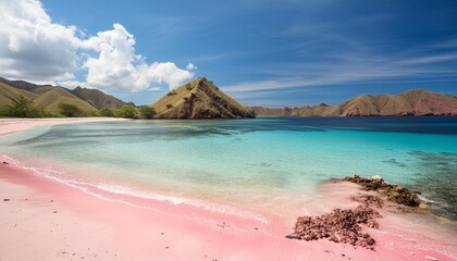 Wall Mural - tropical pink beach with blue ocean komodo islands