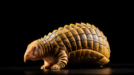 Wall Mural - A close up of a pangolin, a scaly anteater-like mammal, looking like a mix between an armadillo and an anteater, with a long snout and a tail, covered in brownish-yellow scales