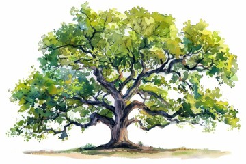 Canvas Print - majestic oak tree watercolor illustration with lush foliage on white background