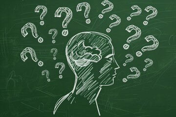 Greenboard illustration showing a human head with question marks.