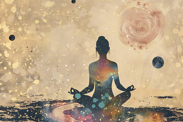 The image is a depiction of a person meditating in a state of inner peace and harmony with the universe.