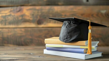 Canvas Print - Graduation hat and stack of study books with copy space