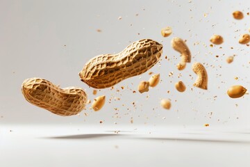 Wall Mural - Peanut falling on white background focus on it