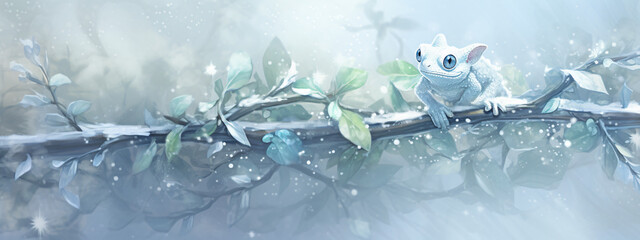 A cute cartoonish white frog with blue eyes sits on a snowy branch in a winter forest with snowflakes falling all around in a soft painterly style to convey a sense of wonder and magic.