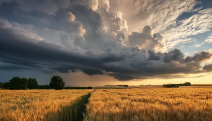 an epic storm approaches as clouds gather over a serene rural field creating a captivating contrast of nature s power and tranquility