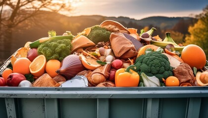 food in perfect state in a dumpster representing food waste generative ia