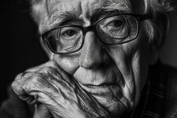 old man wearing eyeglasses pensive senior portrait black and white photography