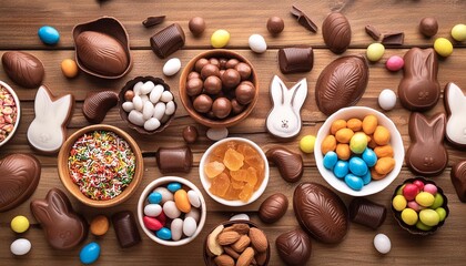 Wall Mural - easter candies top view table scene over a wood background chocolate bunnies candy eggs and a variety of sweets