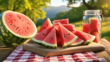 Wall Mural - freshly sliced watermelon at a summer picnic