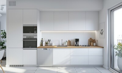 Wall Mural - White kitchen with a wooden countertop, natural light, minimalist style, natural colors 