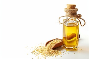 Wall Mural - Sesame oil and seeds in glass bottle and shovel on white background Uncooked sesame concept with space for text