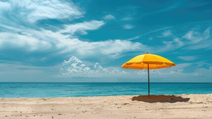 Poster - A vibrant beach umbrella provides shade on the sandy shore overlooking the sparkling ocean, with people enjoying the coastal natural landscape under a clear sky AIG50