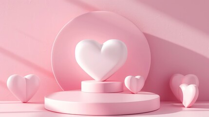 Wall Mural - Happy Valentines Day. Minimal sweet love scene with display podium for mock up and product brand presentation. Pink Pedestal stand. Cute lovely heart background. Love day's design style.