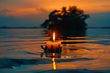 Sticker - Candle Floating at Sunset on Serene Water