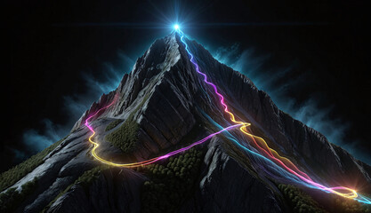 Wall Mural - brightly colored hiking trail and the route of the ascent winds over a mountain and reaches the top 