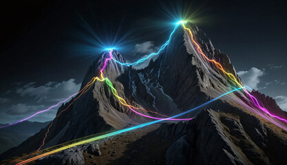 Wall Mural - brightly colored hiking trail and the route of the ascent winds over a mountain and reaches the top 