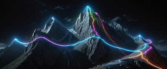 Wall Mural - brightly colored hiking trail and the route of the ascent winds over a mountain and reaches the top 