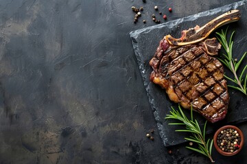 Wall Mural - T bone steak on stone table top view with space for text