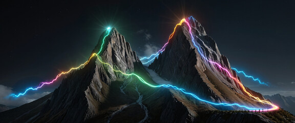 Wall Mural - brightly colored hiking trail and the route of the ascent winds over a mountain and reaches the top 