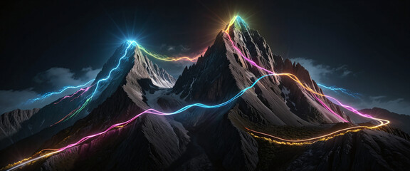 Wall Mural - brightly colored hiking trail and the route of the ascent winds over a mountain and reaches the top 
