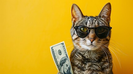  Cool rich successful hipster cat with sunglasses and cash money Yellow background , very good , Wide Shots , bright tone, Ultra clear image, Add Copyspace