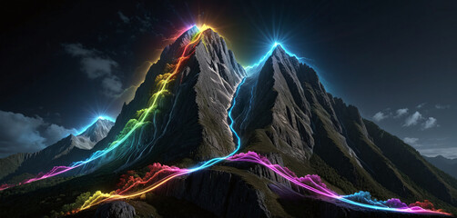 Wall Mural - brightly colored hiking trail and the route of the ascent winds over a mountain and reaches the top 