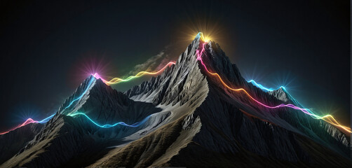 Wall Mural - brightly colored hiking trail and the route of the ascent winds over a mountain and reaches the top 