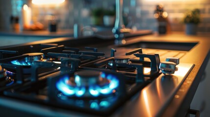 Wall Mural - A blue flame burning on a gas stove in a kitchen setting