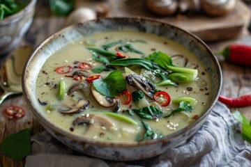Wall Mural - Thai chicken soup with pak choi and mushrooms