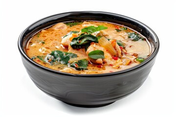 Wall Mural - Thai chicken Tom Yum soup in black bowl on white background