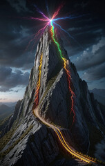 Wall Mural - brightly colored hiking trail and the route of the ascent winds over a mountain and reaches the top 