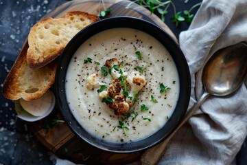 Top down view of cauliflower soup in black bowl with sourdough toast