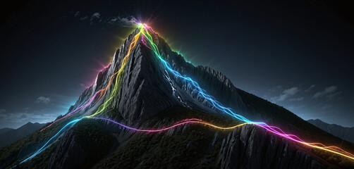 Wall Mural - brightly colored hiking trail and the route of the ascent winds over a mountain and reaches the top 