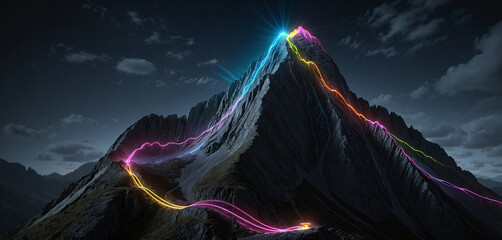 Wall Mural - brightly colored hiking trail and the route of the ascent winds over a mountain and reaches the top 