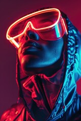 Wall Mural - A person wearing neon glasses and a jacket, perfect for nighttime or outdoor use