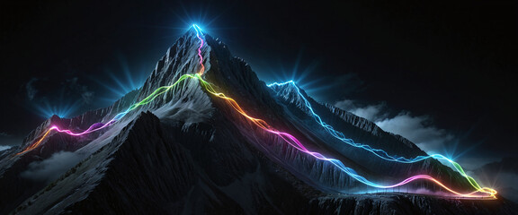 Wall Mural - brightly colored hiking trail and the route of the ascent winds over a mountain and reaches the top 